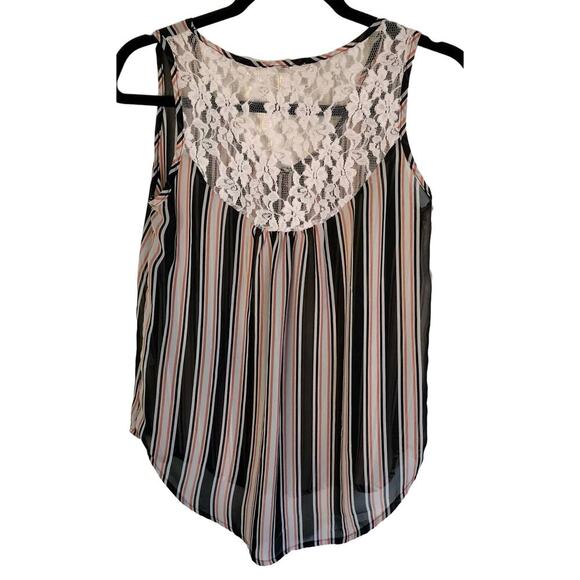 Mine Striped Sleeveless Flowy Blouse Lace Back Black White Pink Size Small - Picture 5 of 5